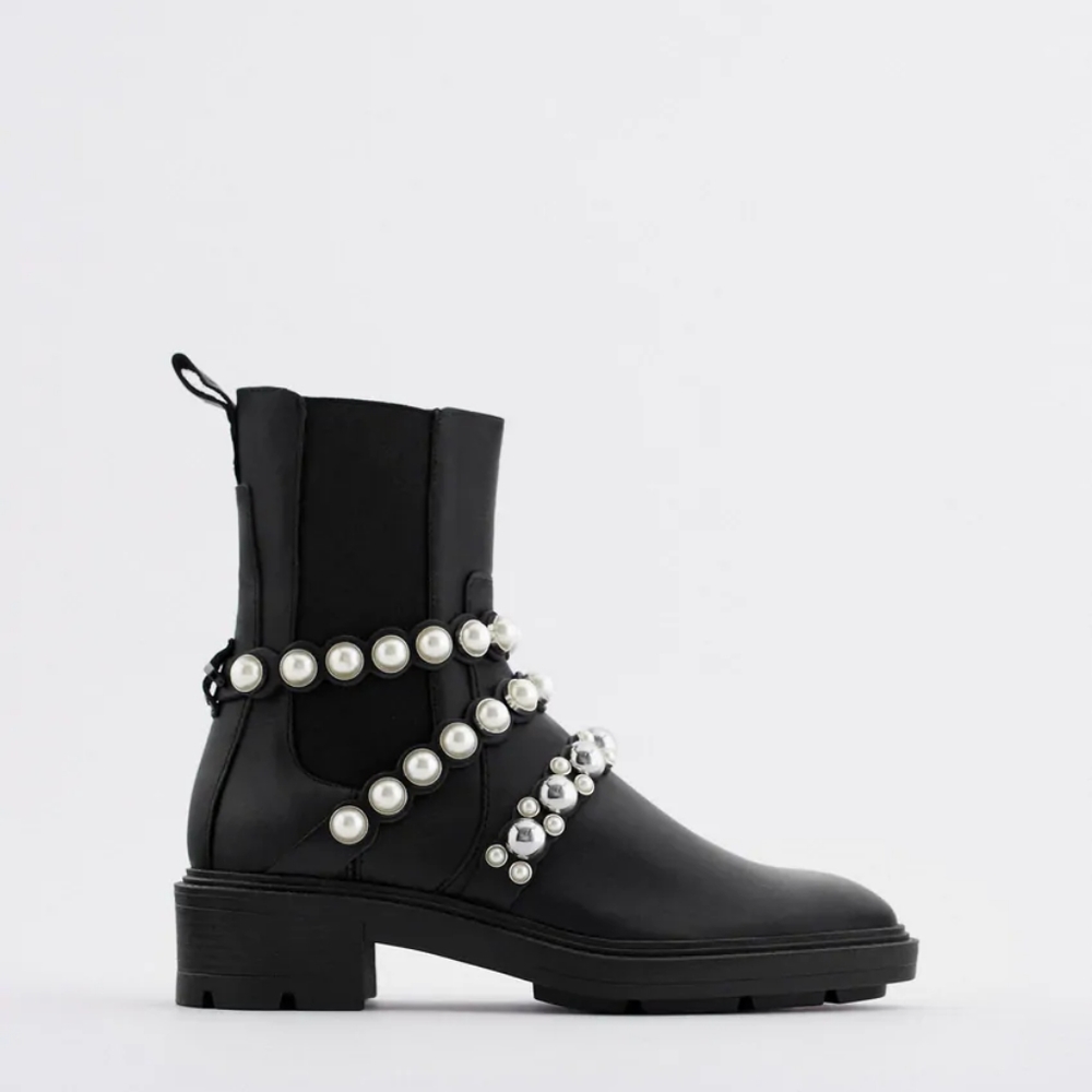 Zara Pearl Strap Black Boots NEW Size 8
